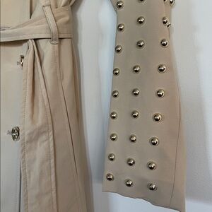 Bebe Studded Sleeve Double Breasted Belted Trench Coat - Tan/Beige